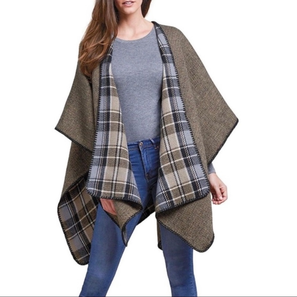 Woolrich Reversible Plaid Blanket Wrap Cape Jacket